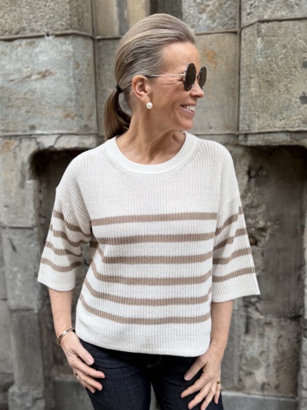 Aliza pellava/puuvilla neule; vaalea/beige raita